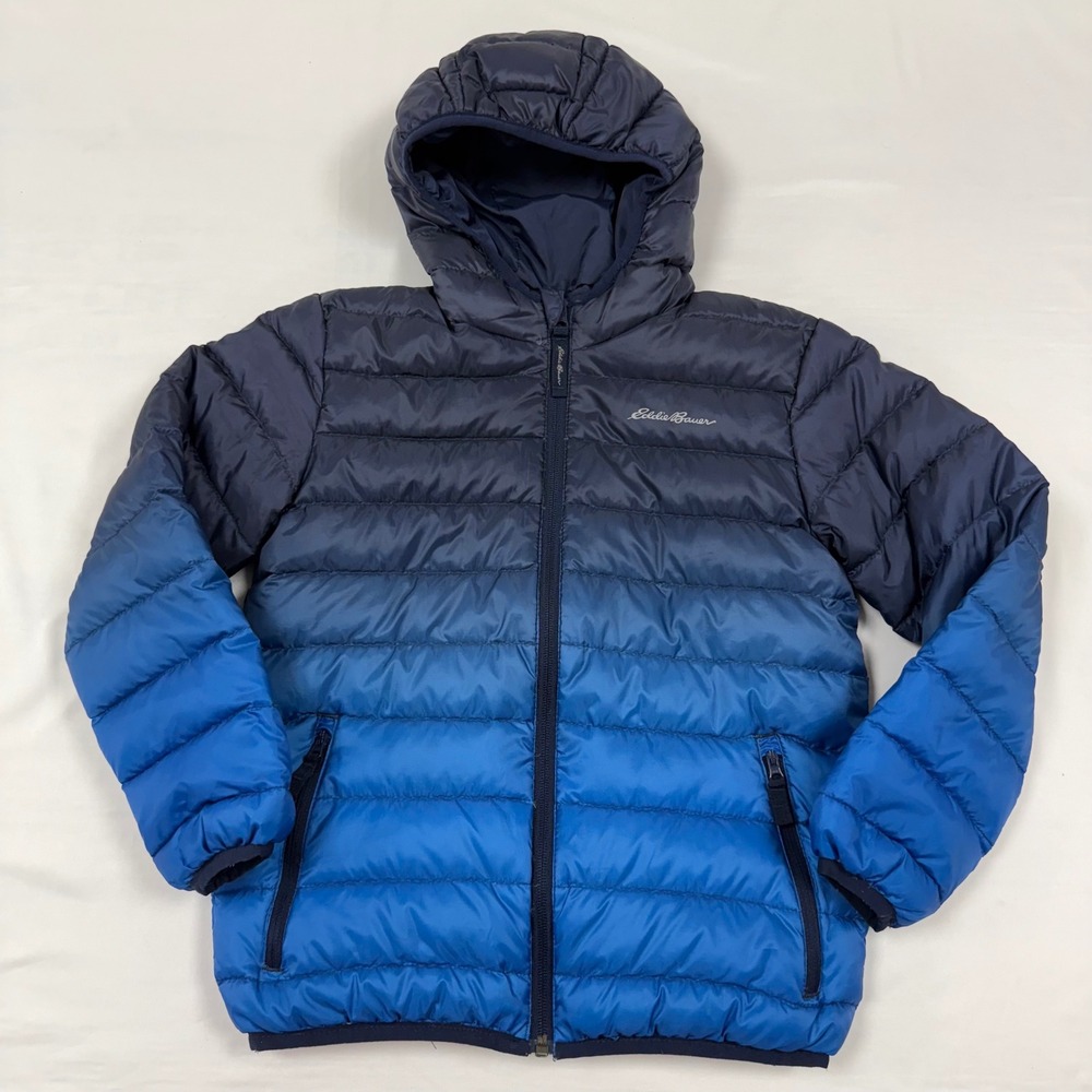 Eddie Bauer Kids Reversible Puffer‎ Jacket Hooded Blue Ombre Down Size Small 7/8